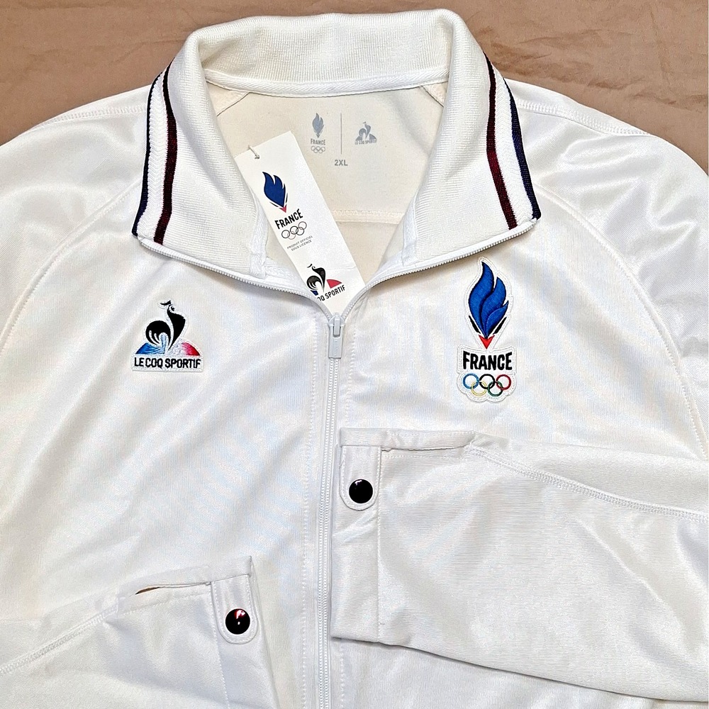 Rare Le Coq Sportif France Olympic 2XL Running WarmUp Jacket Cream White Men XXL